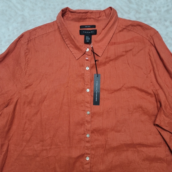 Tahari  Roll-Tab Sleeve Button Down Tunic Top Women’s Size 3X 100%Linen Orange - Picture 5 of 16